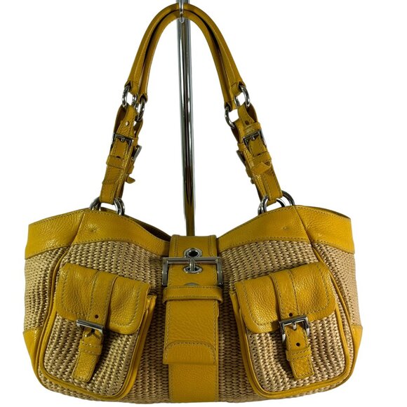 PRADA Yellow Leather Beige Straw Paglia Vitello Daino Satchel Bag Made in Italy - Picture 1 of 14
